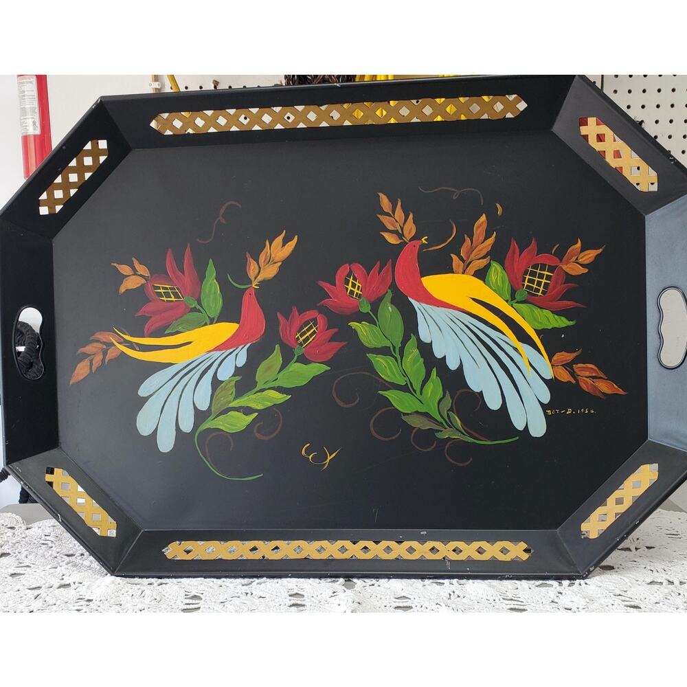 Folk Art Toleware Tray, 26x18, Dot-D 1953, PA Dutch, Bird of Paradise, Lattice